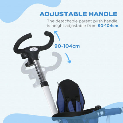 6 in 1 Metal Frame Baby Push Tricycle with Parent Handle for Ages 1-5 - Dark Blue