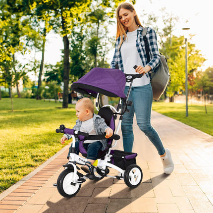 6 in 1 Kids Trike Push Bike with Canopy, 5-Point Safety Belt, Storage & Brake for Ages 1-5 - Purple