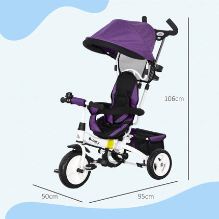 6 in 1 Kids Trike Push Bike with Canopy, 5-Point Safety Belt, Storage & Brake for Ages 1-5 - Purple