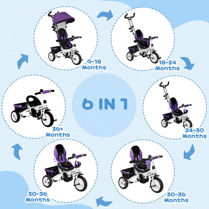 6 in 1 Kids Trike Push Bike with Canopy, 5-Point Safety Belt, Storage & Brake for Ages 1-5 - Purple