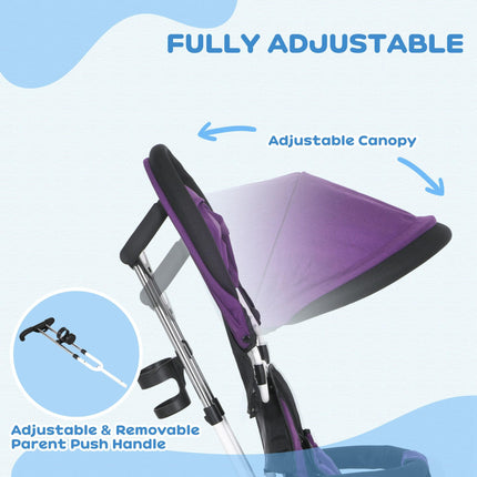 6 in 1 Kids Trike Push Bike with Canopy, 5-Point Safety Belt, Storage & Brake for Ages 1-5 - Purple