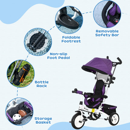 6 in 1 Kids Trike Push Bike with Canopy, 5-Point Safety Belt, Storage & Brake for Ages 1-5 - Purple