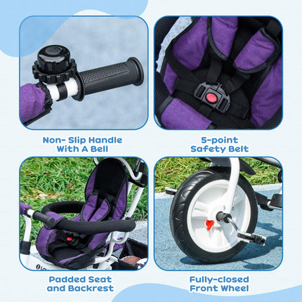 6 in 1 Kids Trike Push Bike with Canopy, 5-Point Safety Belt, Storage & Brake for Ages 1-5 - Purple