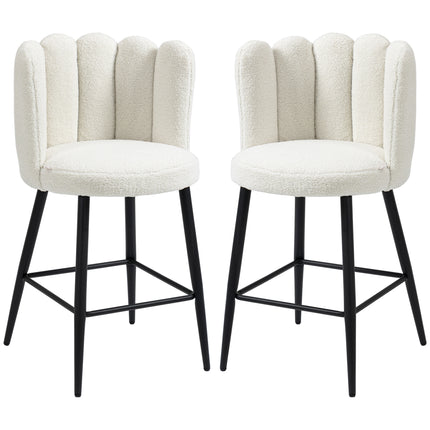 Set of 2 Faux Cashmere Upholstered Bar Stools with Backs, Footrest & Steel Base - Cream