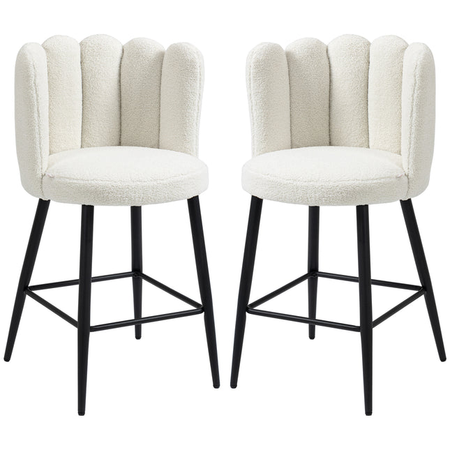 Set of 2 Faux Cashmere Upholstered Bar Stools with Backs, Footrest & Steel Base - Cream