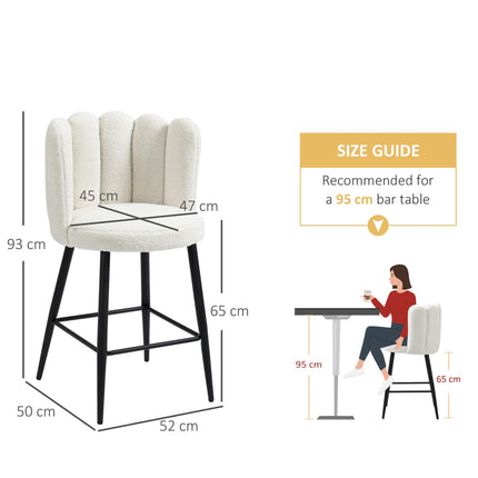 Set of 2 Faux Cashmere Upholstered Bar Stools with Backs, Footrest & Steel Base - Cream