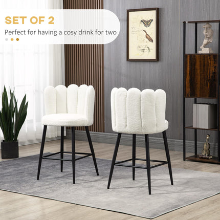 Set of 2 Faux Cashmere Upholstered Bar Stools with Backs, Footrest & Steel Base - Cream