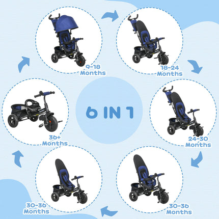 6 in 1 Kids Trike Push Bike with Canopy, 5-Point Safety Belt, Storage & Brake for Ages 1-5 - Blue
