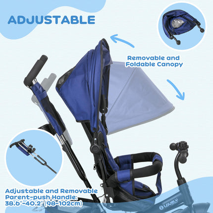 6 in 1 Kids Trike Push Bike with Canopy, 5-Point Safety Belt, Storage & Brake for Ages 1-5 - Blue