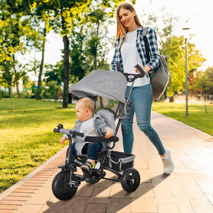 6 in 1 Kids Trike Push Bike with Canopy, 5-Point Safety Belt, Storage & Brake for Ages 1-5 - Grey
