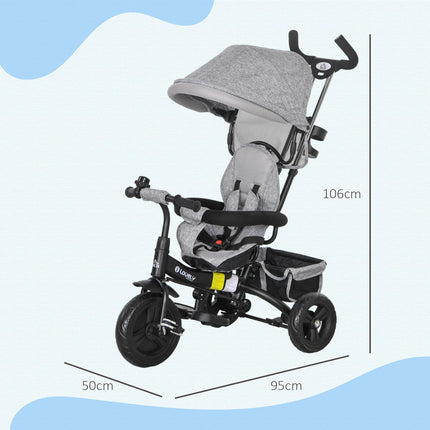 6 in 1 Kids Trike Push Bike with Canopy, 5-Point Safety Belt, Storage & Brake for Ages 1-5 - Grey