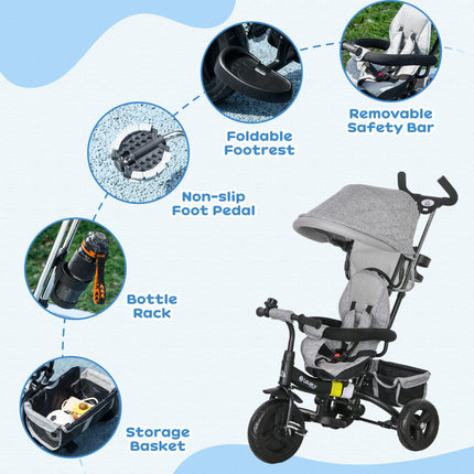 6 in 1 Kids Trike Push Bike with Canopy, 5-Point Safety Belt, Storage & Brake for Ages 1-5 - Grey