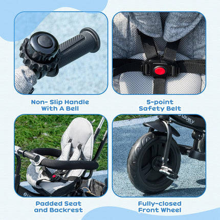 6 in 1 Kids Trike Push Bike with Canopy, 5-Point Safety Belt, Storage & Brake for Ages 1-5 - Grey