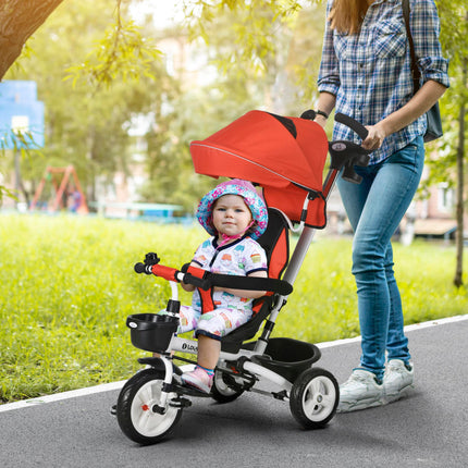 6 in 1 Metal Frame Baby Push Tricycle with Parent Handle for Ages 1-5 - Red