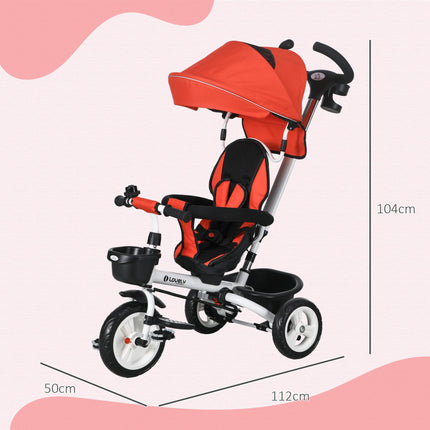 6 in 1 Metal Frame Baby Push Tricycle with Parent Handle for Ages 1-5 - Red