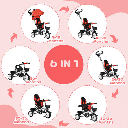 6 in 1 Metal Frame Baby Push Tricycle with Parent Handle for Ages 1-5 - Red
