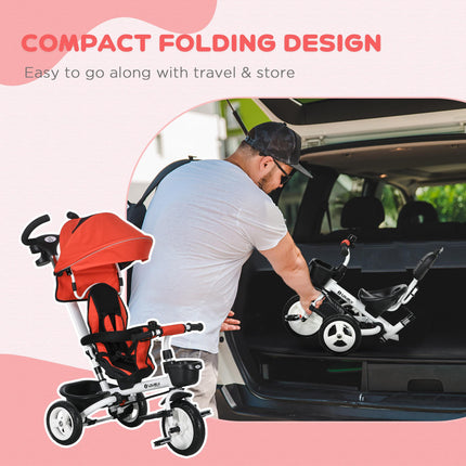 6 in 1 Metal Frame Baby Push Tricycle with Parent Handle for Ages 1-5 - Red