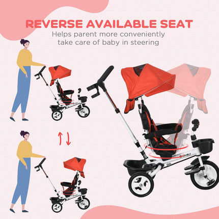 6 in 1 Metal Frame Baby Push Tricycle with Parent Handle for Ages 1-5 - Red