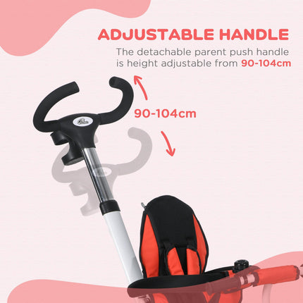 6 in 1 Metal Frame Baby Push Tricycle with Parent Handle for Ages 1-5 - Red