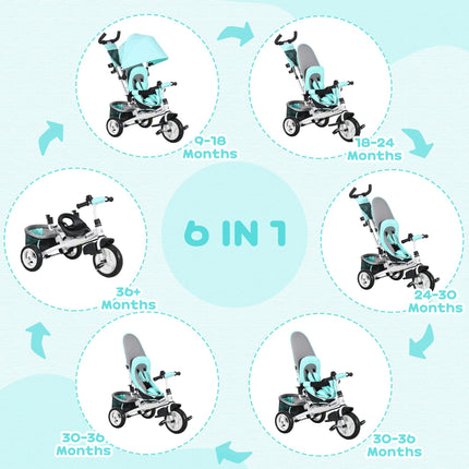 6 in 1 Kids Trike Push Bike with Canopy, 5-Point Safety Belt, Storage & Brake for Ages 1-5 - Green