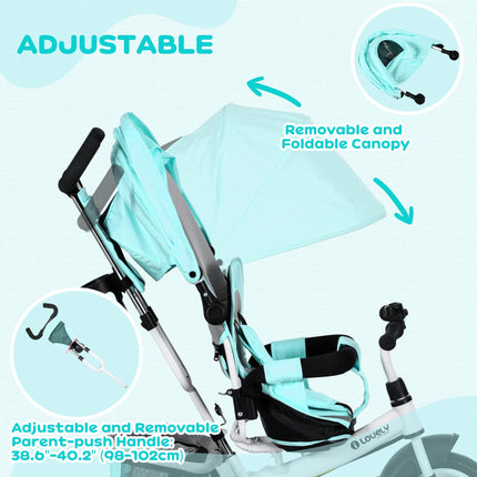 6 in 1 Kids Trike Push Bike with Canopy, 5-Point Safety Belt, Storage & Brake for Ages 1-5 - Green