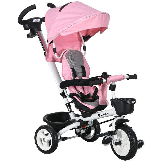 Metal Frame 6-in-1 Baby Push Tricycle with Parent Handle for 1-5 Years - Pink