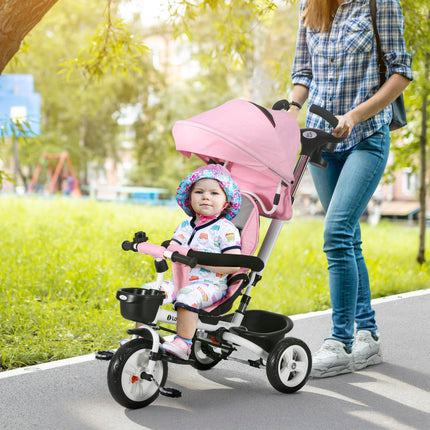 Metal Frame 6-in-1 Baby Push Tricycle with Parent Handle for 1-5 Years - Pink