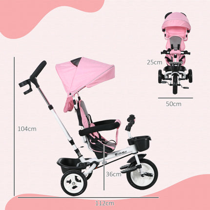 Metal Frame 6-in-1 Baby Push Tricycle with Parent Handle for 1-5 Years - Pink