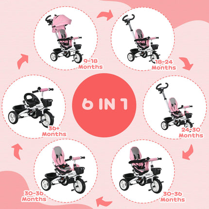 Metal Frame 6-in-1 Baby Push Tricycle with Parent Handle for 1-5 Years - Pink