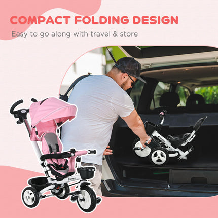 Metal Frame 6-in-1 Baby Push Tricycle with Parent Handle for 1-5 Years - Pink