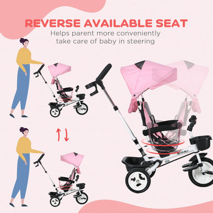 Metal Frame 6-in-1 Baby Push Tricycle with Parent Handle for 1-5 Years - Pink