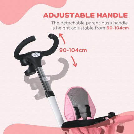 Metal Frame 6-in-1 Baby Push Tricycle with Parent Handle for 1-5 Years - Pink