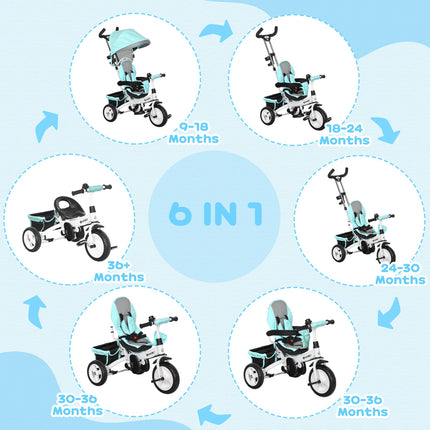 6 in 1 Kids Trike Push Bike with Canopy, 5-Point Safety Belt, Storage & Brake for Ages 1-5 - Green