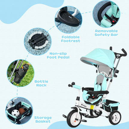 6 in 1 Kids Trike Push Bike with Canopy, 5-Point Safety Belt, Storage & Brake for Ages 1-5 - Green