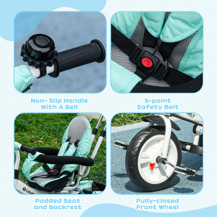 6 in 1 Kids Trike Push Bike with Canopy, 5-Point Safety Belt, Storage & Brake for Ages 1-5 - Green