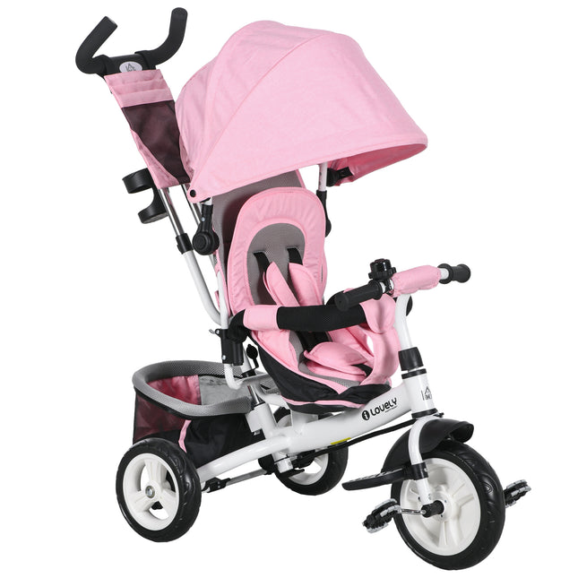 6 in 1 Kids Trike Push Bike with Canopy, 5-Point Safety Belt, Storage & Brake for Ages 1-5 - Pink