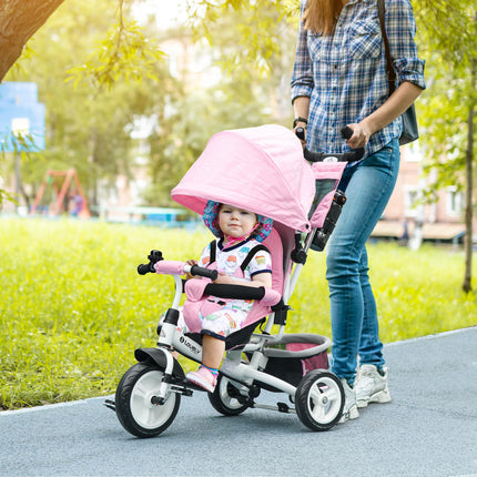 6 in 1 Kids Trike Push Bike with Canopy, 5-Point Safety Belt, Storage & Brake for Ages 1-5 - Pink