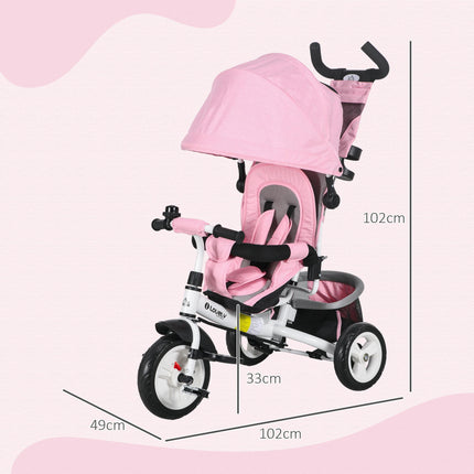 6 in 1 Kids Trike Push Bike with Canopy, 5-Point Safety Belt, Storage & Brake for Ages 1-5 - Pink