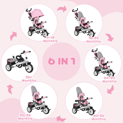 6 in 1 Kids Trike Push Bike with Canopy, 5-Point Safety Belt, Storage & Brake for Ages 1-5 - Pink