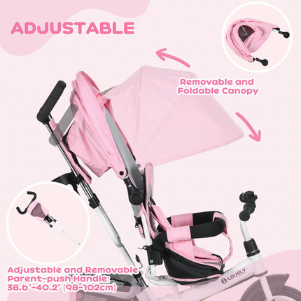 6 in 1 Kids Trike Push Bike with Canopy, 5-Point Safety Belt, Storage & Brake for Ages 1-5 - Pink