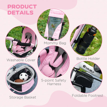 6 in 1 Kids Trike Push Bike with Canopy, 5-Point Safety Belt, Storage & Brake for Ages 1-5 - Pink