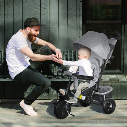 6 in 1 Kids Trike Push Bike with Canopy, 5-Point Safety Belt & Storage for Ages 1-5 - Grey