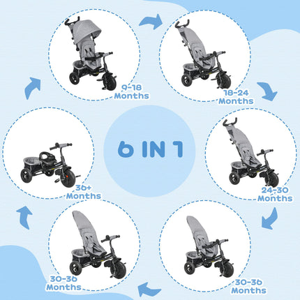 6 in 1 Kids Trike Push Bike with Canopy, 5-Point Safety Belt & Storage for Ages 1-5 - Grey