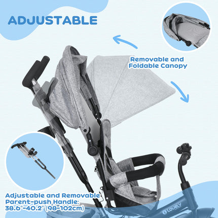 6 in 1 Kids Trike Push Bike with Canopy, 5-Point Safety Belt & Storage for Ages 1-5 - Grey