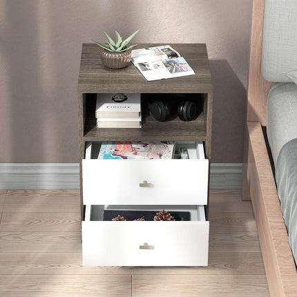 Industrial Scandinavian Bedside Table with Drawers and Shelf - Grey White
