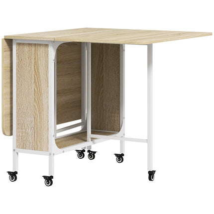 Six-Person Drop Leaf Dining Table with Wheels and Shelf - Natural/White