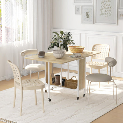 Six-Person Drop Leaf Dining Table with Wheels and Shelf - Natural/White