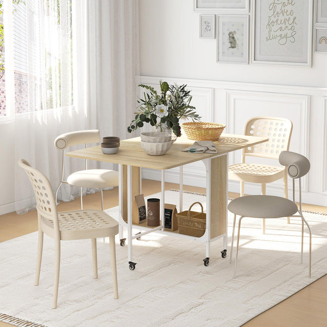 Six-Person Drop Leaf Dining Table with Wheels and Shelf - Natural/White
