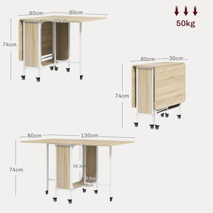 Six-Person Drop Leaf Dining Table with Wheels and Shelf - Natural/White