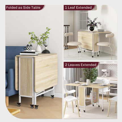 Six-Person Drop Leaf Dining Table with Wheels and Shelf - Natural/White